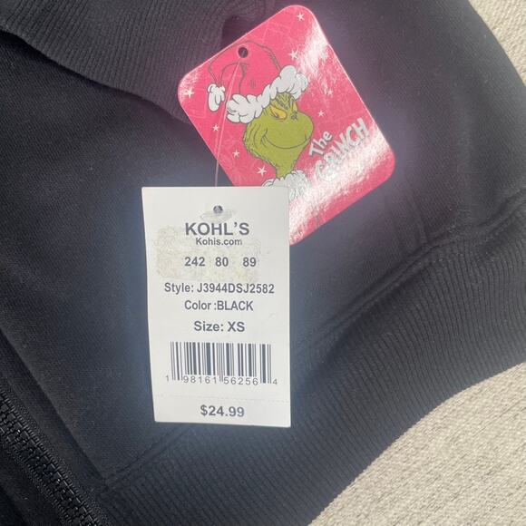 DR SEUSS Grinch NWT Black Hooded Sweatshirt Extra Small Christmas Holiday - Picture 3 of 6